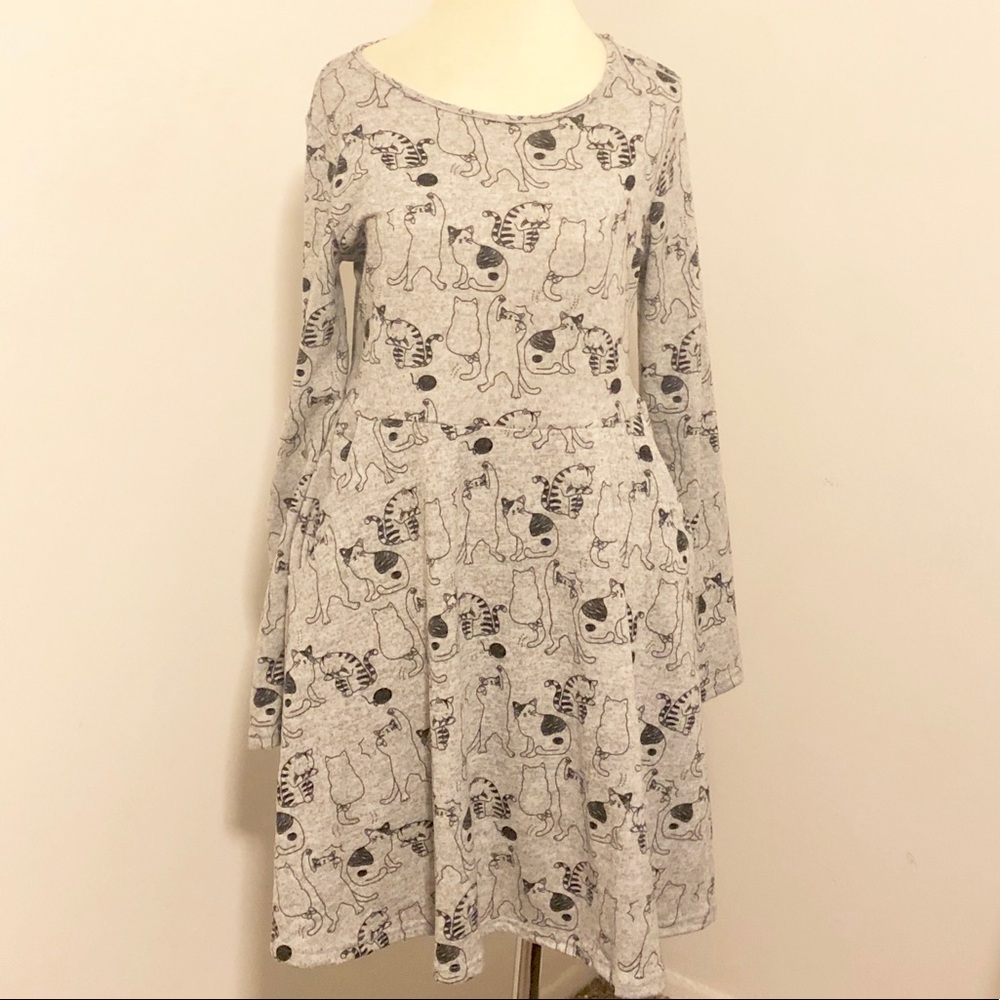 LA Soul Cat Print Gray & Black Fit & Flare Dress